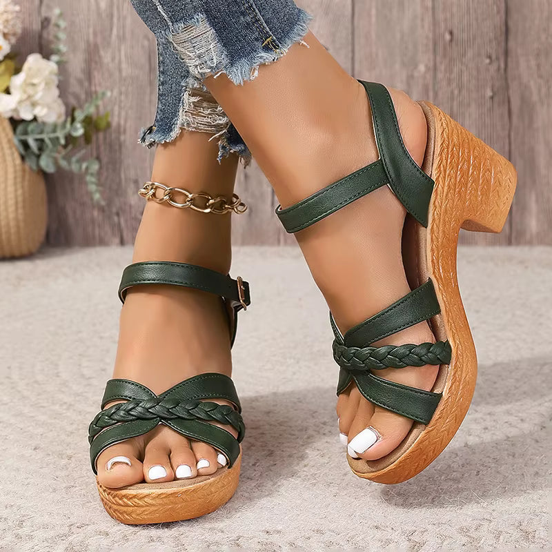 Casual Ankle Buckle Platform Pu Leather Cross-tied Square High Heels