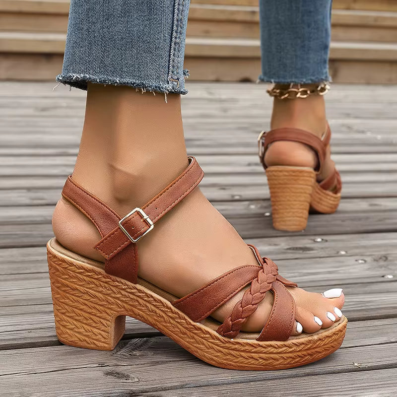 Casual Ankle Buckle Platform Pu Leather Cross-tied Square High Heels