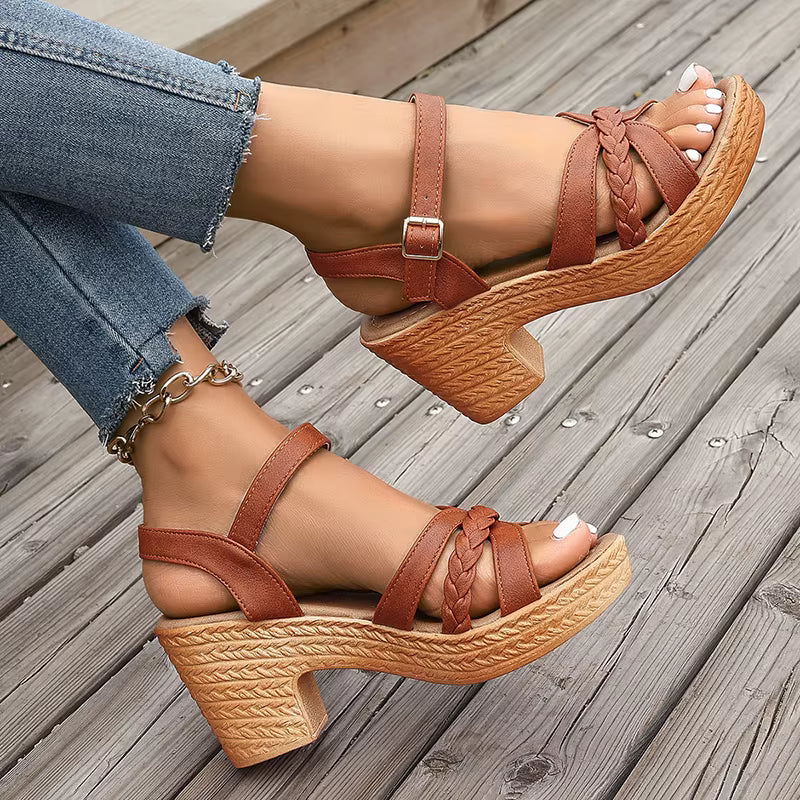 Casual Ankle Buckle Platform Pu Leather Cross-tied Square High Heels
