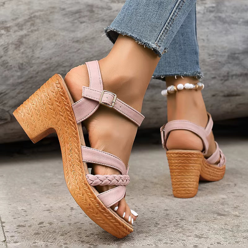 Casual Ankle Buckle Platform Pu Leather Cross-tied Square High Heels