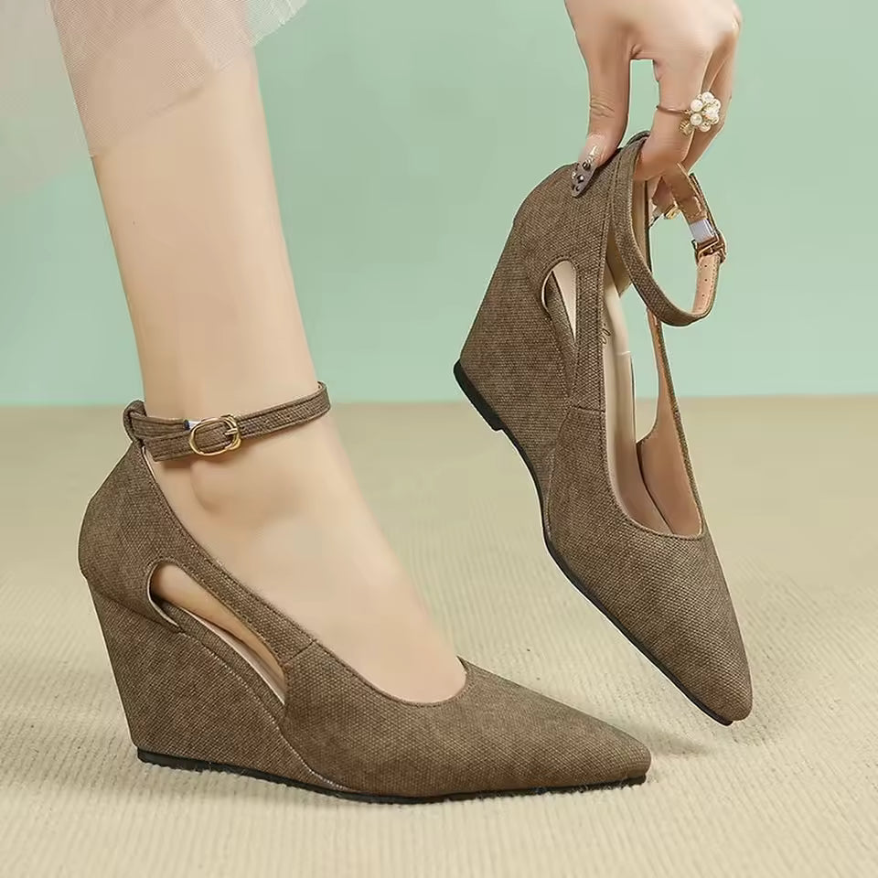 Casual Ankle Buckle Strap Pointed Toe Wedges Pumps High Heels