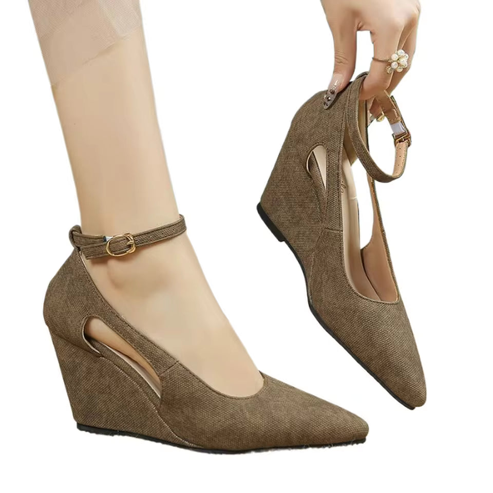 Casual Ankle Buckle Strap Pointed Toe Wedges Pumps High Heels