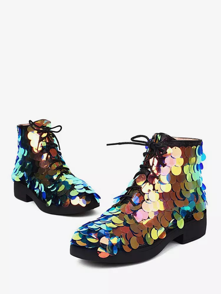 Casual Ankle Sequined Polyurethane Round Toe Lace Up Flat Boots