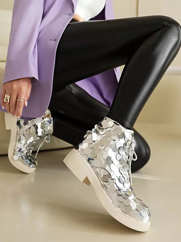 Casual Ankle Sequined Polyurethane Round Toe Lace Up Flat Boots