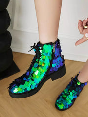 Casual Ankle Sequined Polyurethane Round Toe Lace Up Flat Boots
