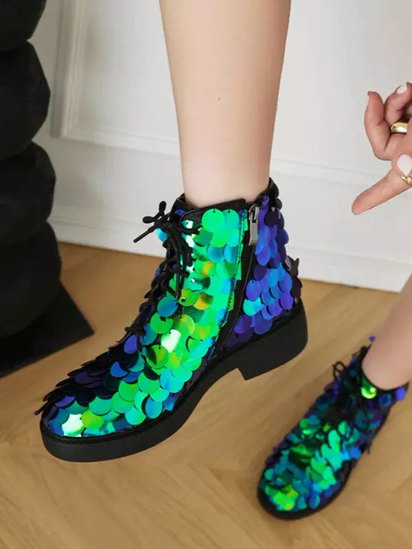 Casual Ankle Sequined Polyurethane Round Toe Lace Up Flat Boots