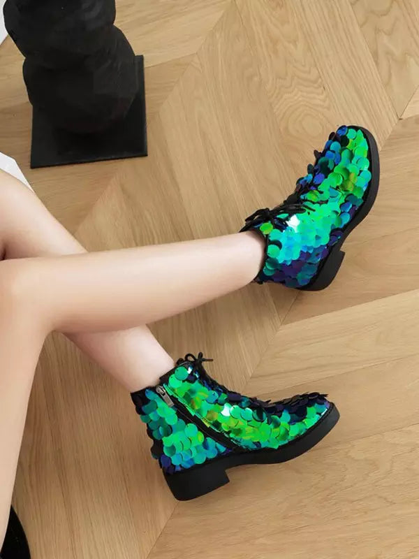 Casual Ankle Sequined Polyurethane Round Toe Lace Up Flat Boots