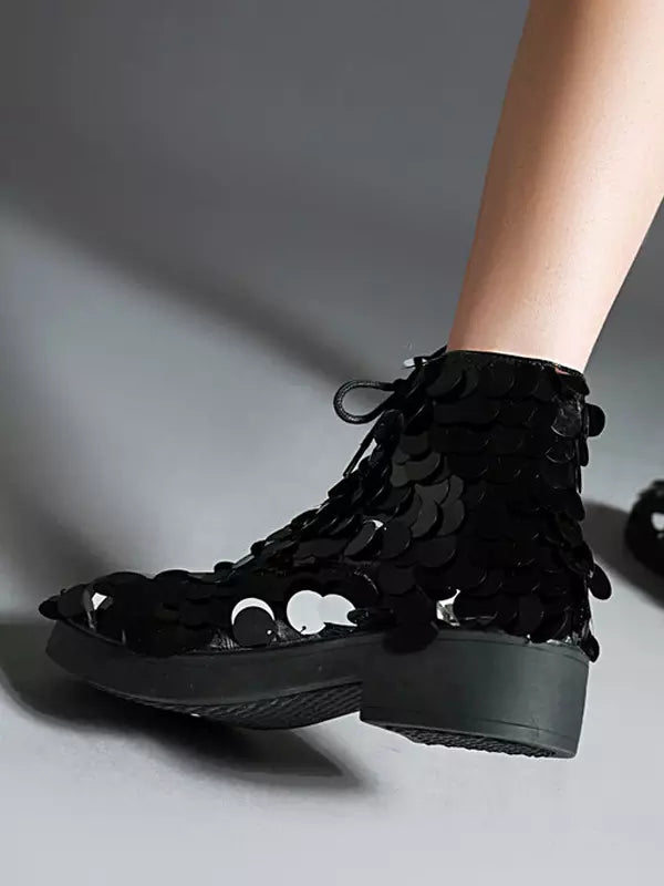 Casual Ankle Sequined Polyurethane Round Toe Lace Up Flat Boots