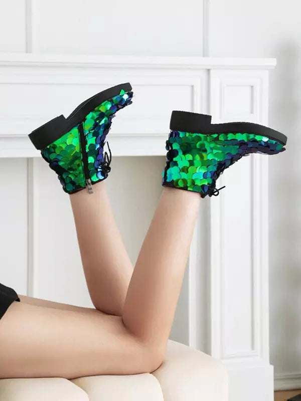 Casual Ankle Sequined Polyurethane Round Toe Lace Up Flat Boots