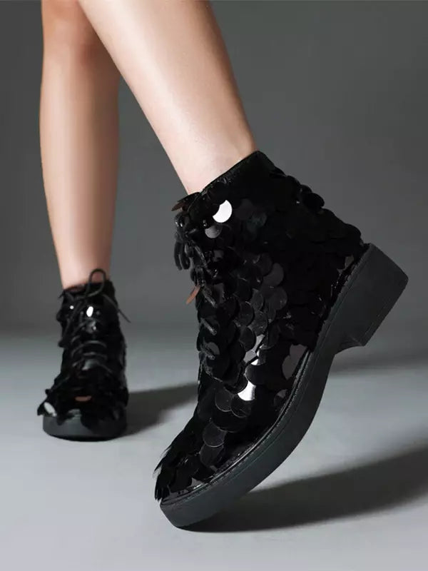 Casual Ankle Sequined Polyurethane Round Toe Lace Up Flat Boots