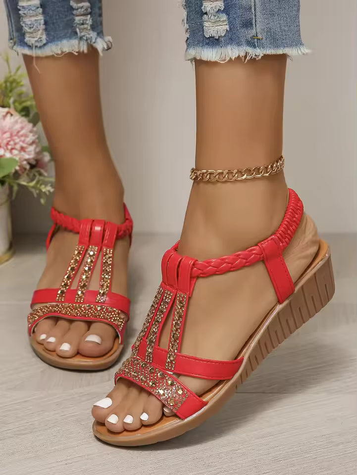 Casual Bohemia Rhinestones Peep Toe Outdoor Platform Wedge Sandals