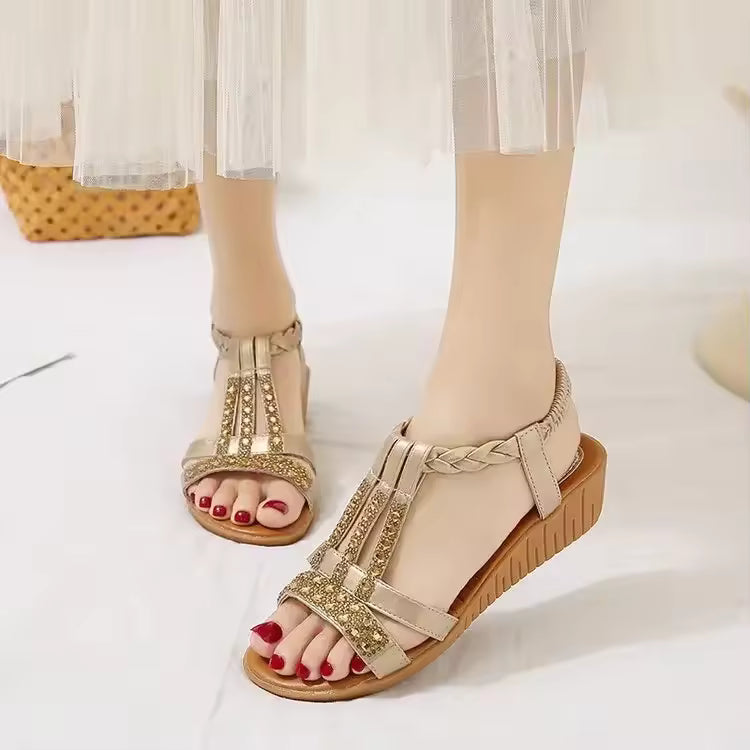 Casual Bohemia Rhinestones Peep Toe Outdoor Platform Wedge Sandals