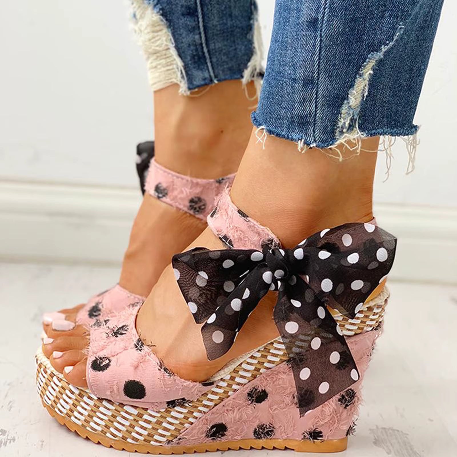 Casual Boknot Soft Animal Prints Ankle Strap Wedges Platform Heeled