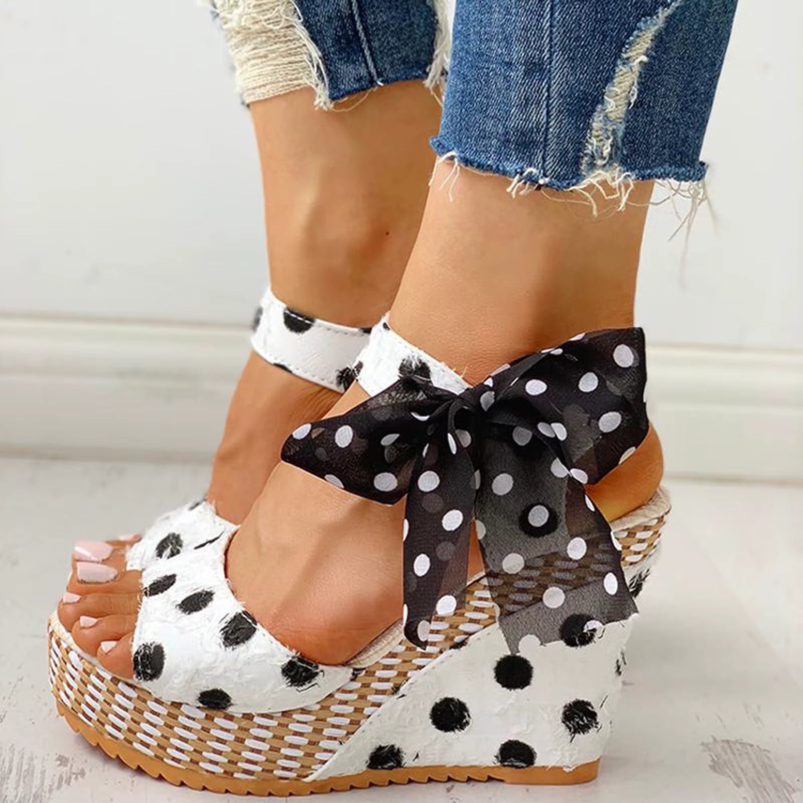 Casual Boknot Soft Animal Prints Ankle Strap Wedges Platform Heeled