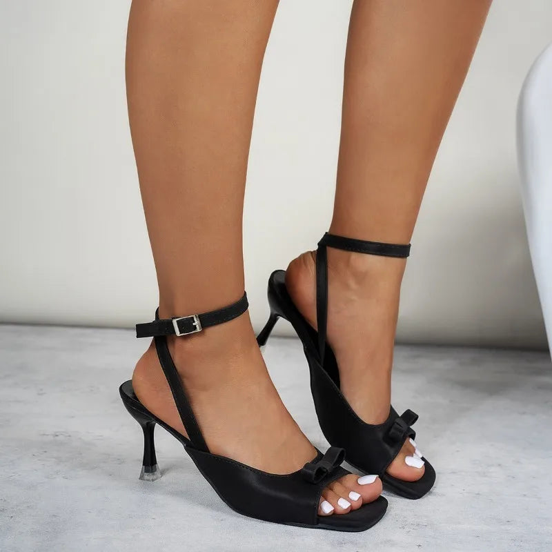 Casual Bow Slingback Open Toe Ankle Buckle Stiletto High Heel