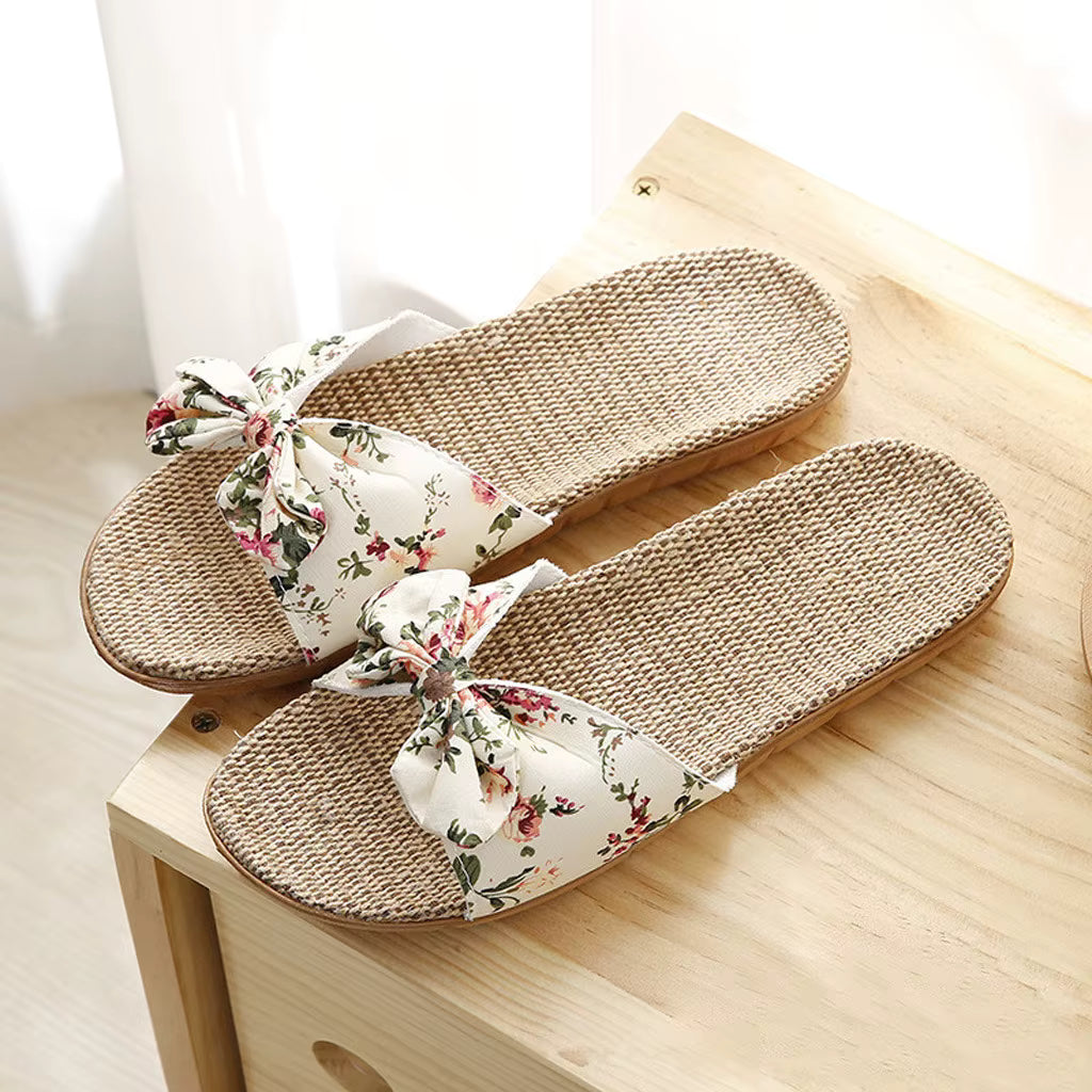 Casual Bowknot Sweet Flax Beach Linen Slippers Shower Quick Drying Leisure Comfy Slippers