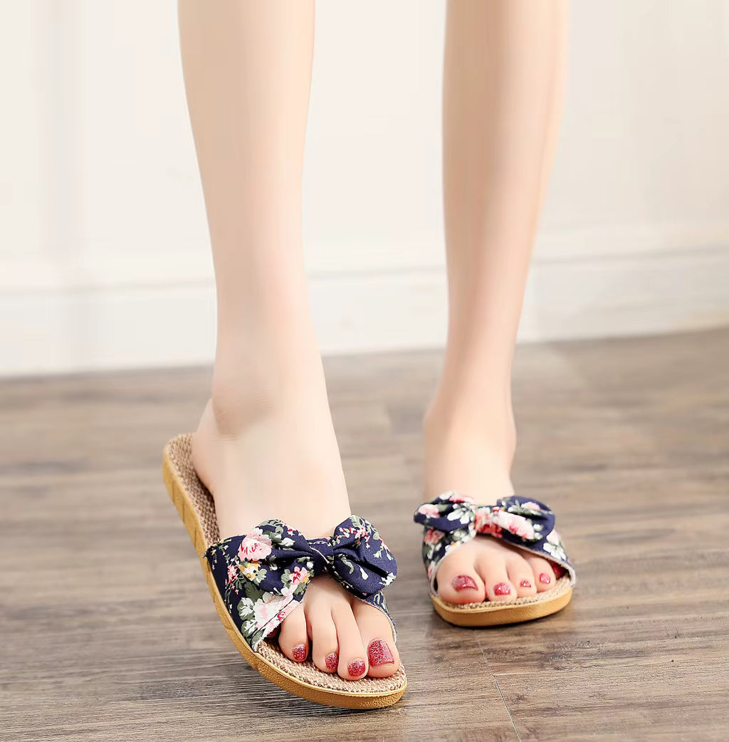 Casual Bowknot Sweet Flax Beach Linen Slippers Shower Quick Drying Leisure Comfy Slippers