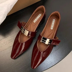 Casual Buckle Design Fine Plaid Leather Retro Pointed Toe Low-Heeled Shoes