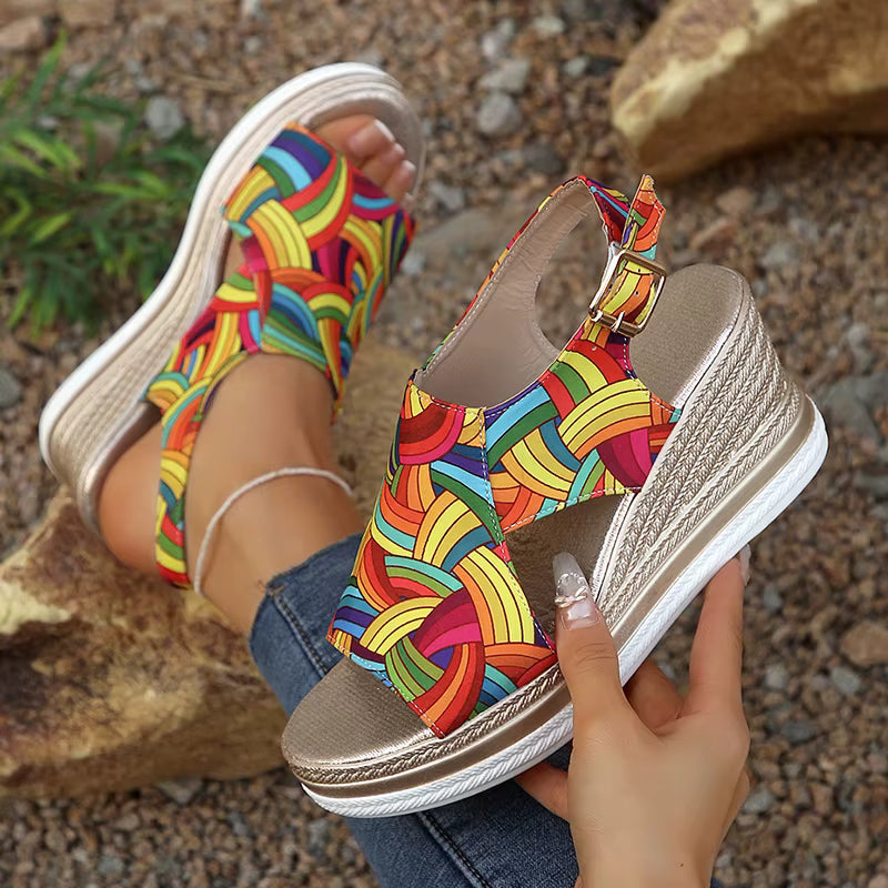 Casual Buckle Strap Thick Bottom Peep Toe Platform Wedge Heels