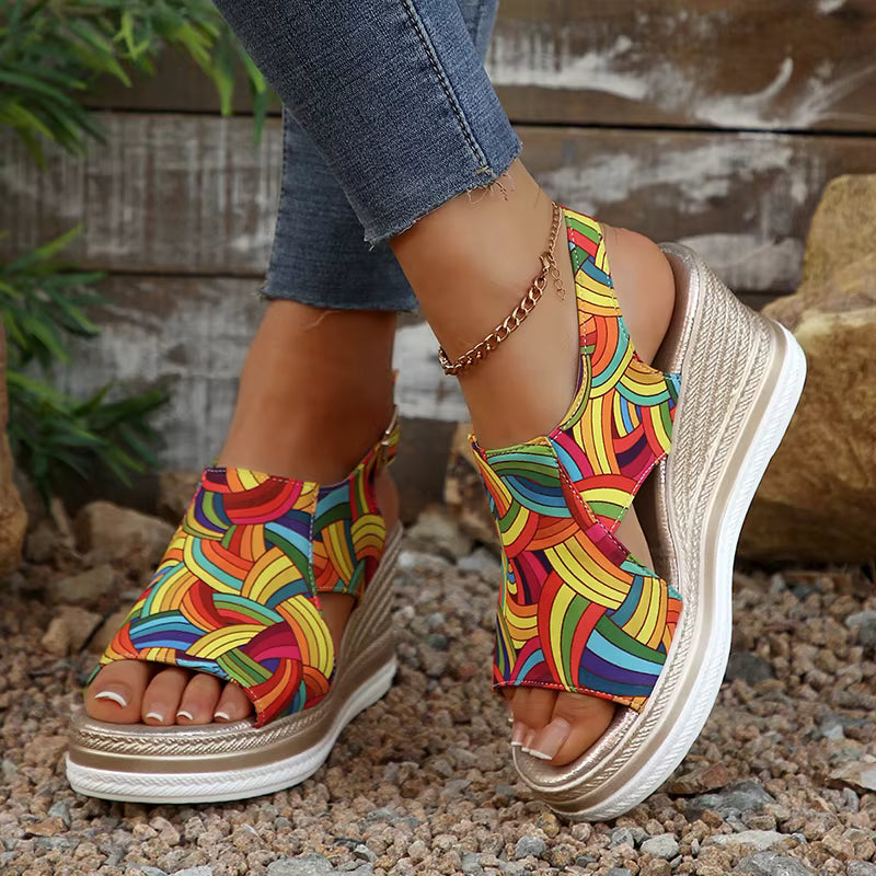 Casual Buckle Strap Thick Bottom Peep Toe Platform Wedge Heels