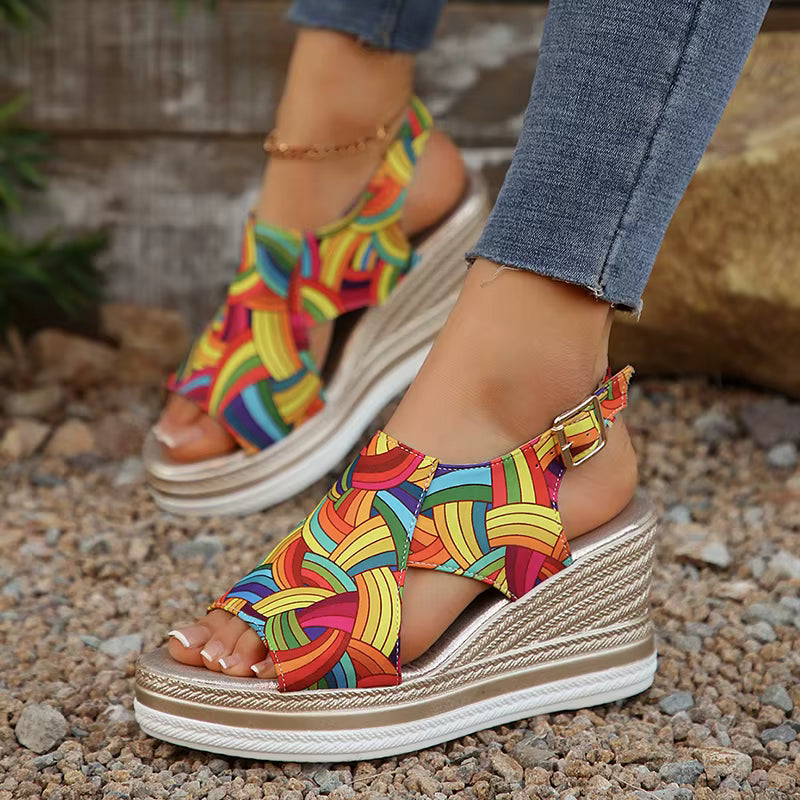 Casual Buckle Strap Thick Bottom Peep Toe Platform Wedge Heels
