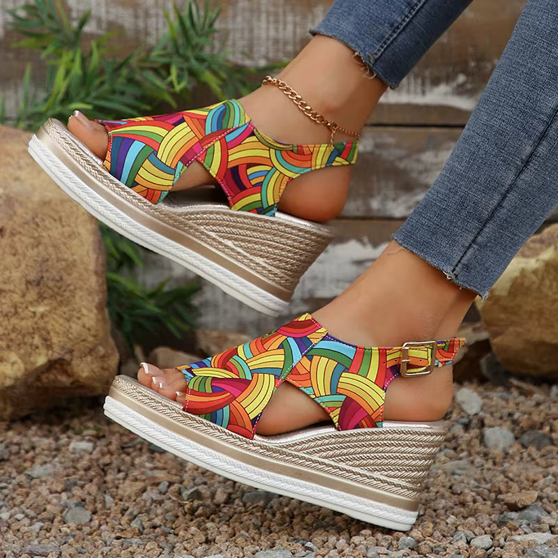 Casual Buckle Strap Thick Bottom Peep Toe Platform Wedge Heels