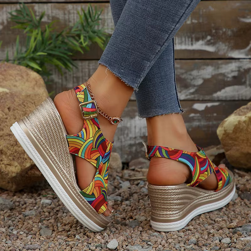 Casual Buckle Strap Thick Bottom Peep Toe Platform Wedge Heels