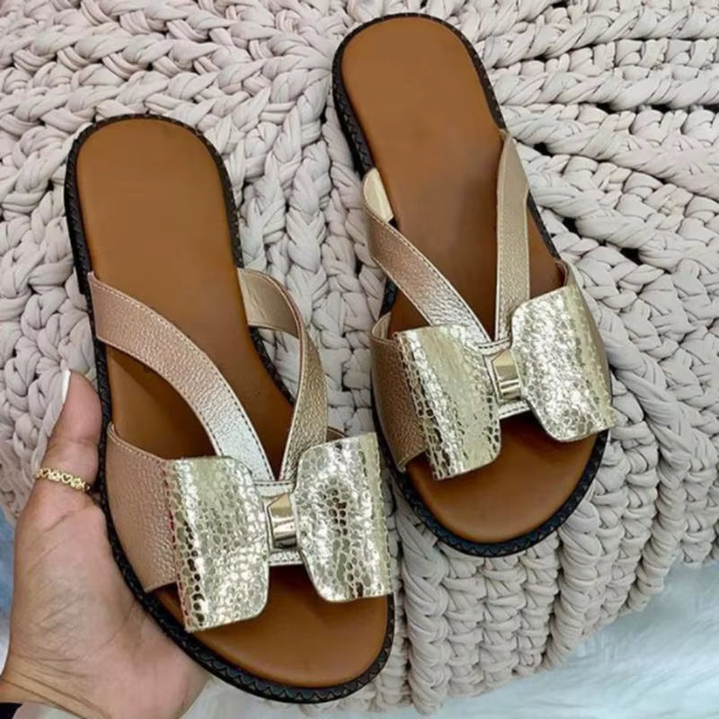 Casual Butterfly-Knot Cotton Fabric Bordered Slip-On Flats Slippers