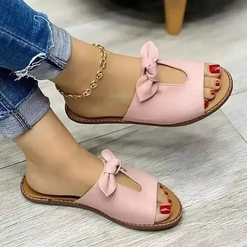 Casual Butterfly-Knot Rubber Pull On Solid Color Flat Slippers
