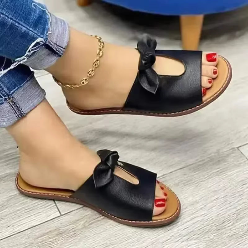 Casual Butterfly-Knot Rubber Pull On Solid Color Flat Slippers