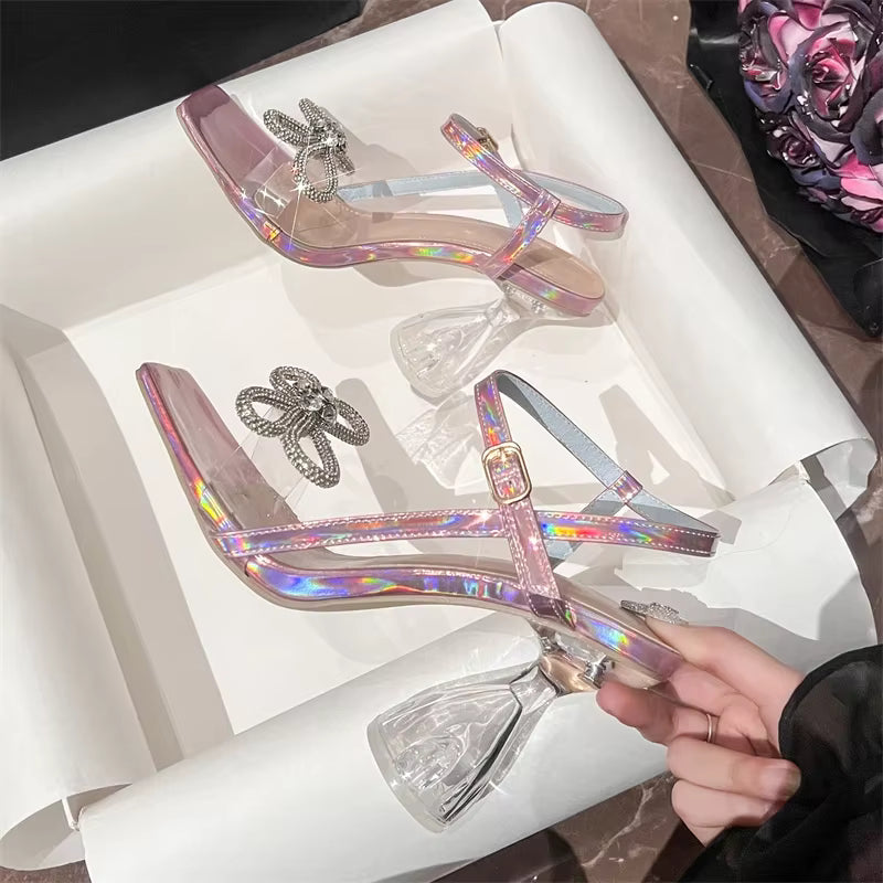 Casual Butterfly-knot Square Toe Buckle Strap Transparent High Heels