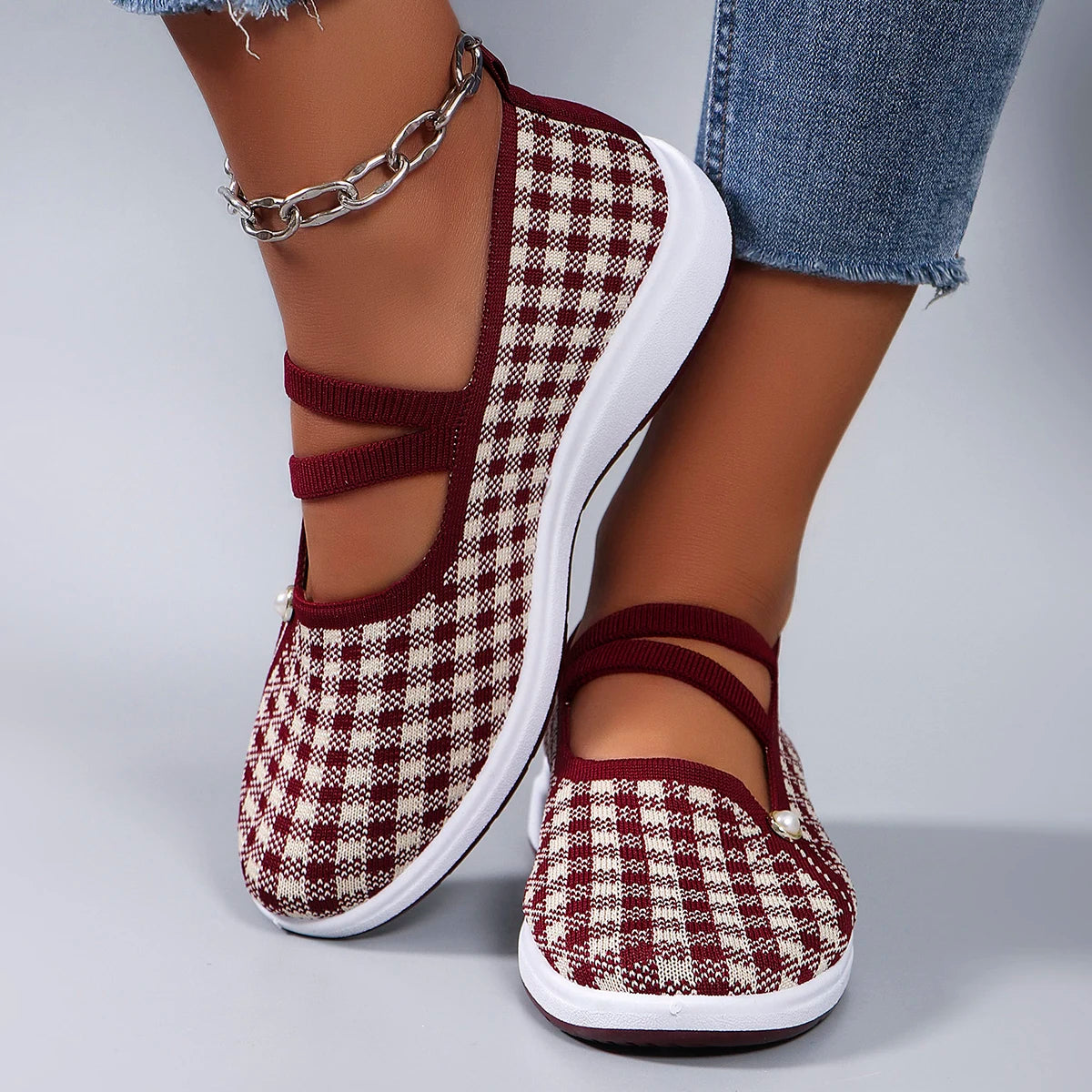 Casual Checkered Rubber Breathable Mesh Elastic Band Flat Shoes