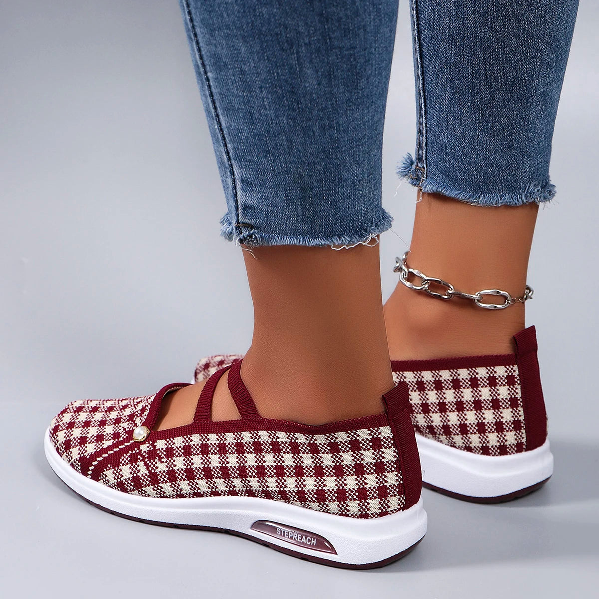 Casual Checkered Rubber Breathable Mesh Elastic Band Flat Shoes