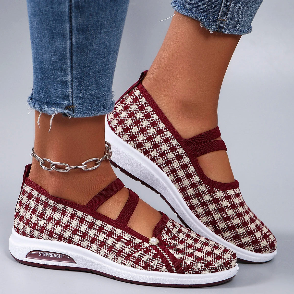 Casual Checkered Rubber Breathable Mesh Elastic Band Flat Shoes