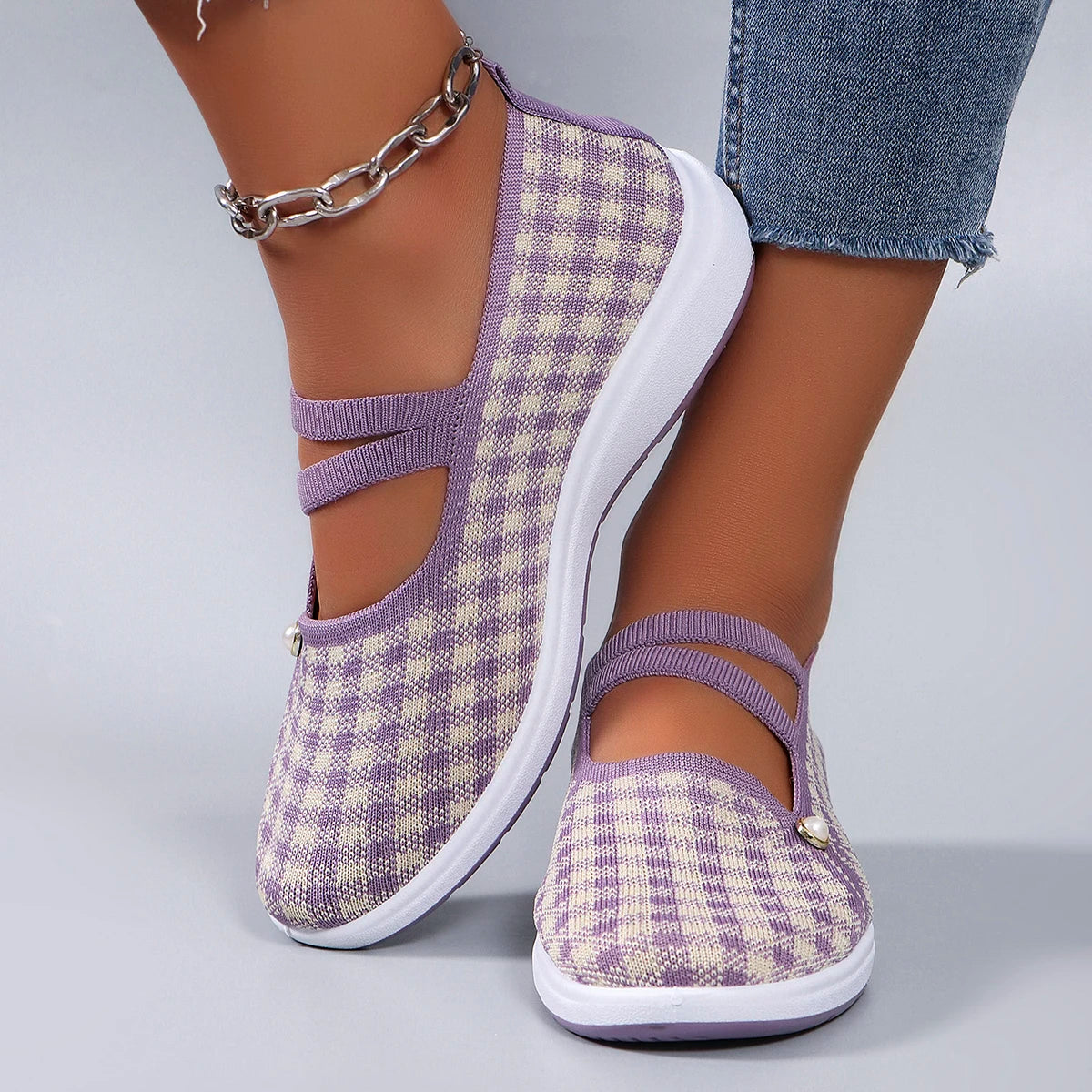 Casual Checkered Rubber Breathable Mesh Elastic Band Flat Shoes