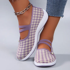 Casual Checkered Rubber Breathable Mesh Elastic Band Flat Shoes