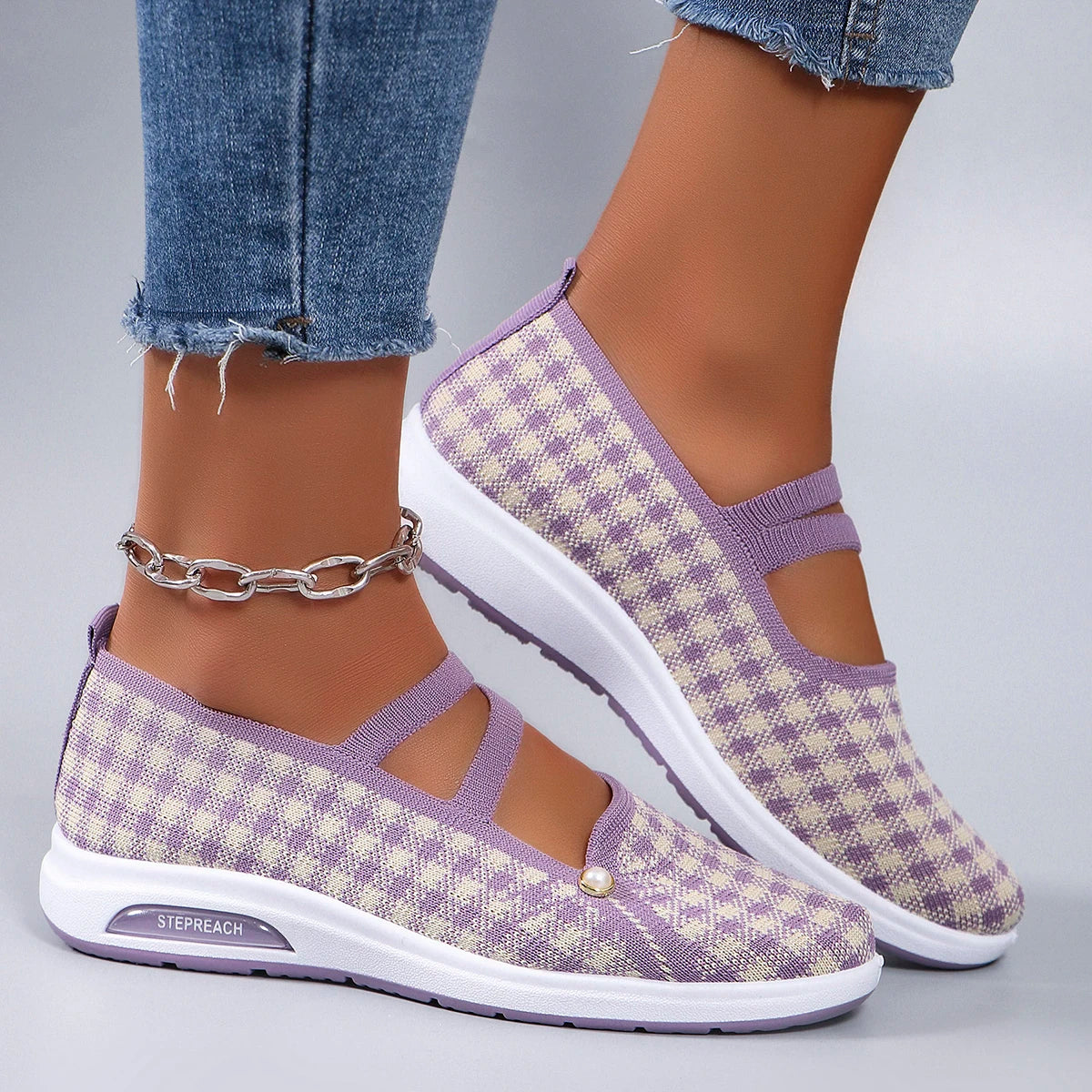 Casual Checkered Rubber Breathable Mesh Elastic Band Flat Shoes