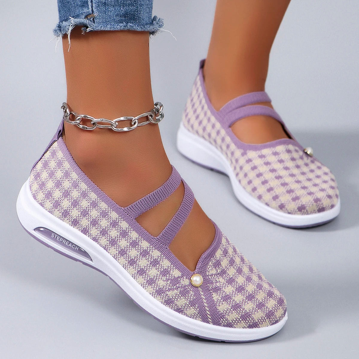 Casual Checkered Rubber Breathable Mesh Elastic Band Flat Shoes