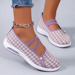 Casual Checkered Rubber Breathable Mesh Elastic Band Flat Shoes