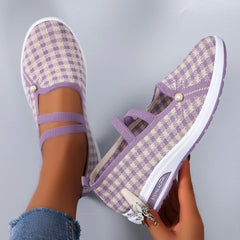 Casual Checkered Rubber Breathable Mesh Elastic Band Flat Shoes