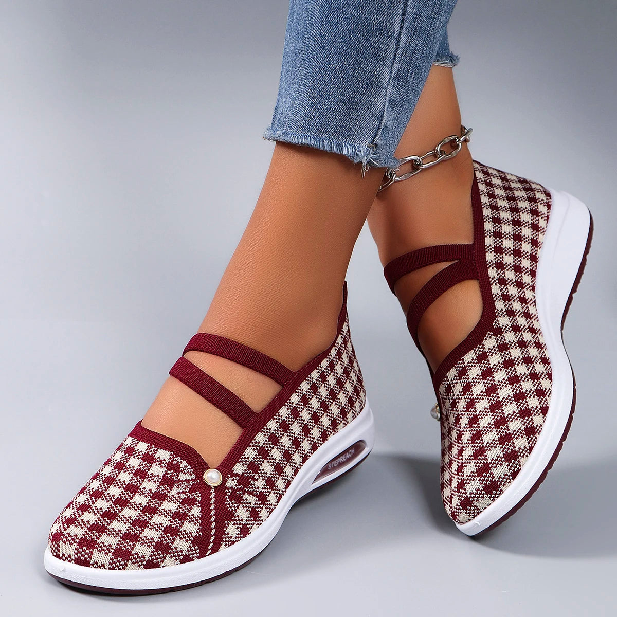 Casual Checkered Rubber Breathable Mesh Elastic Band Flat Shoes