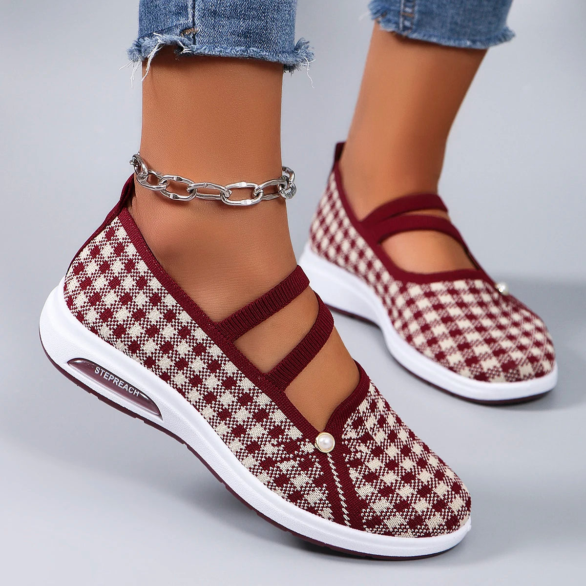 Casual Checkered Rubber Breathable Mesh Elastic Band Flat Shoes