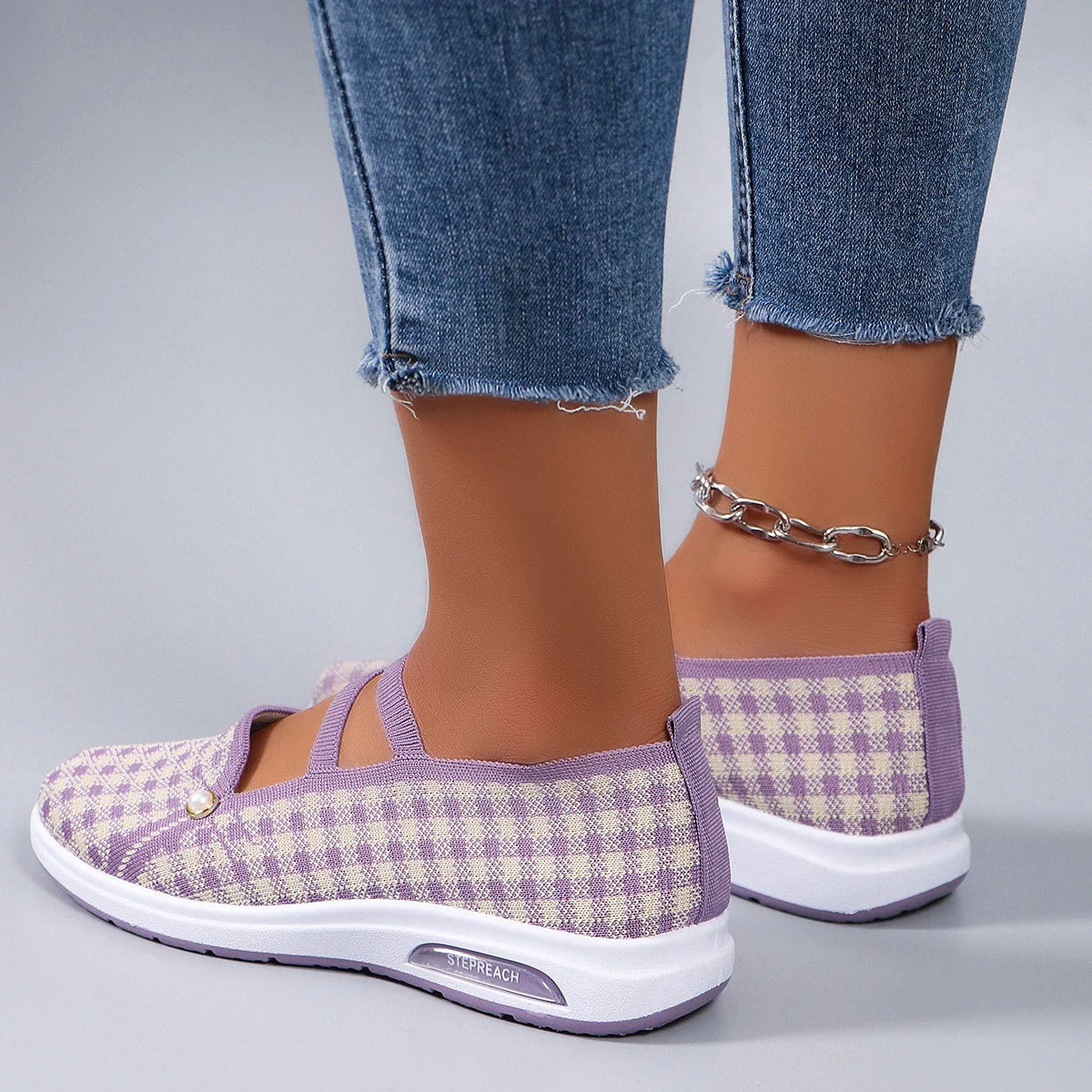 Casual Checkered Rubber Breathable Mesh Elastic Band Flat Shoes