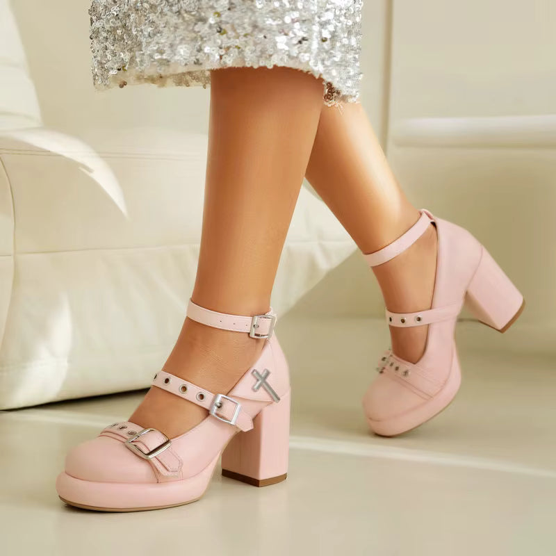 Casual Closed Toe Buckle Belt Strap Platform Chunky Pumps High Heels