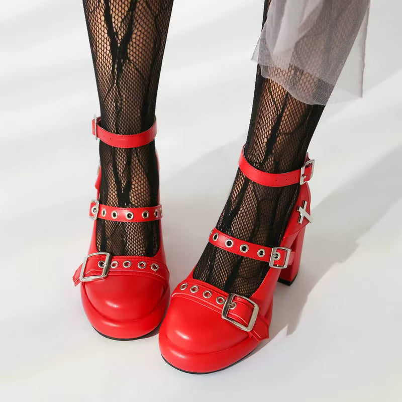 Casual Closed Toe Buckle Belt Strap Platform Chunky Pumps High Heels