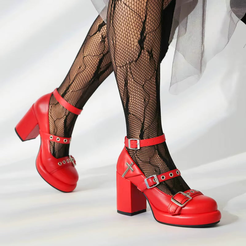 Casual Closed Toe Buckle Belt Strap Platform Chunky Pumps High Heels
