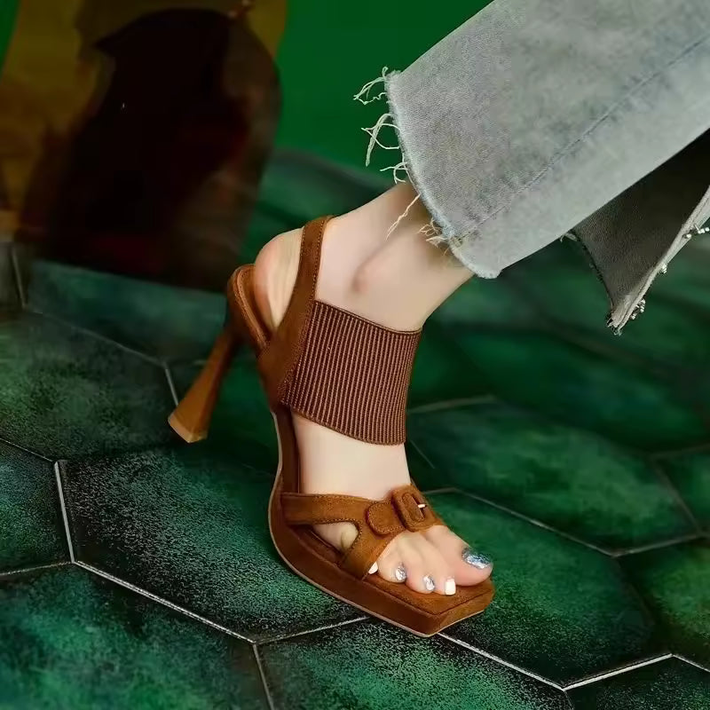 Casual Comfortable PU Leather Inner Liner Hollow Out Square Head Sandals