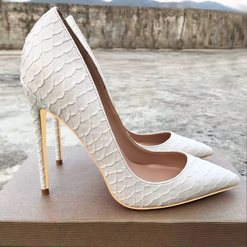 Casual Crocodile Effect Solid Pattern Pointy Pumps Chic Stiletto High Heels