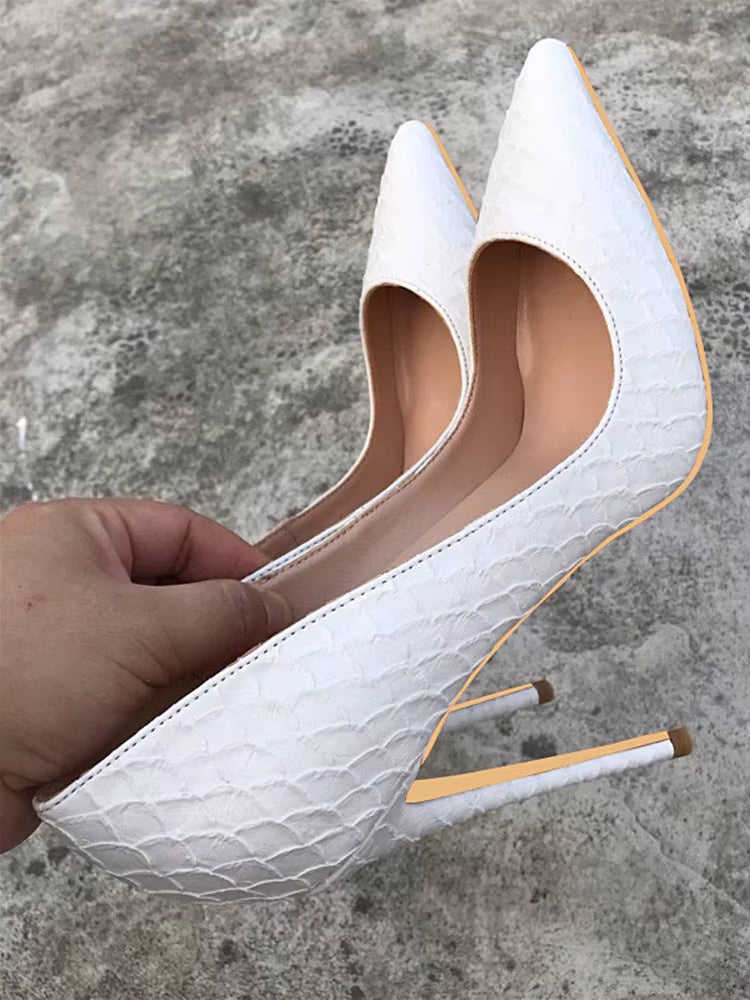Casual Crocodile Effect Solid Pattern Pointy Pumps Chic Stiletto High Heels
