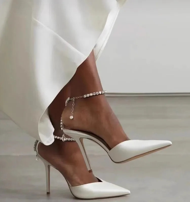 Casual Design Satin Rhinestone Pointed Toe High Heels